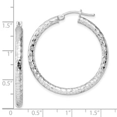 Rhodium-plated Sterling Silver 3.00mm Diamond-cut Hoop Earrings