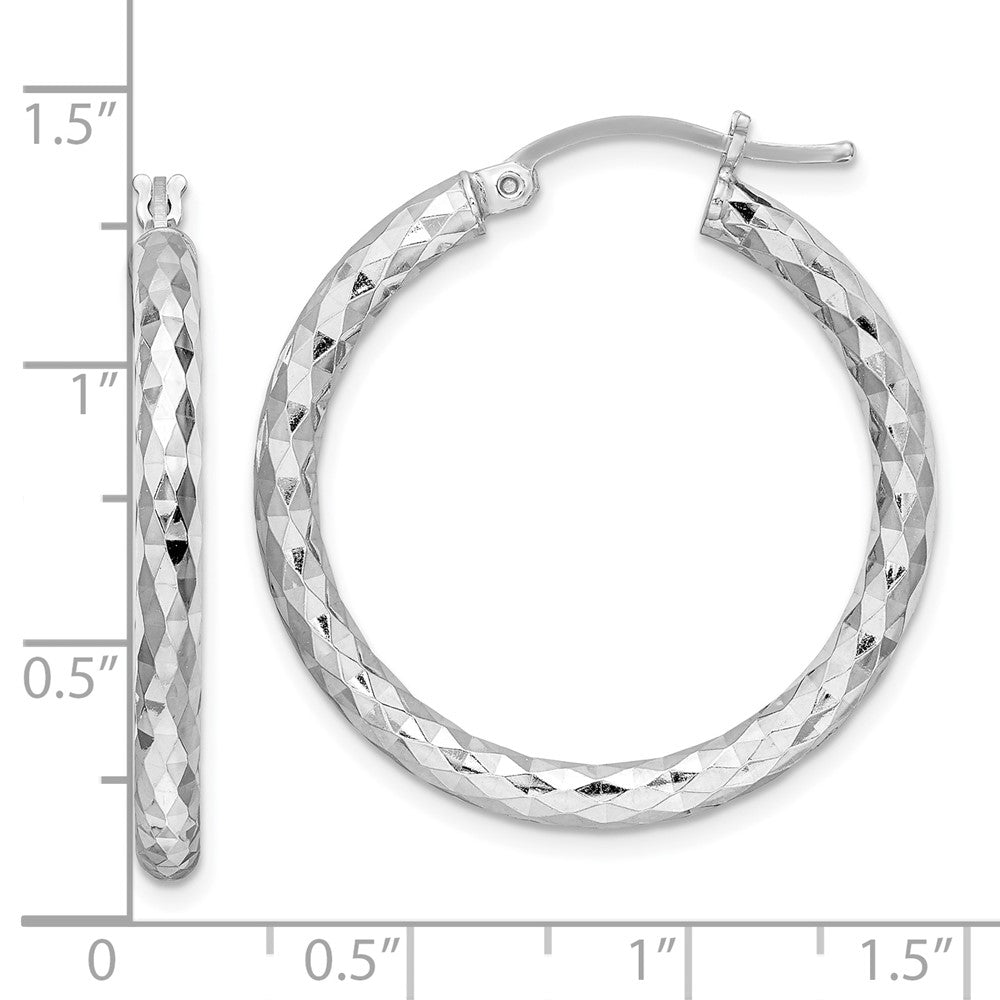 Rhodium-plated Sterling Silver 3.00mm Diamond-cut Hoop Earrings