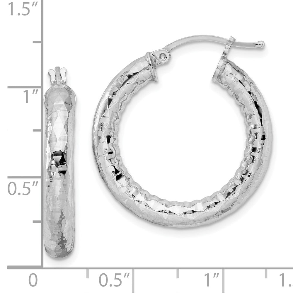 Rhodium-plated Sterling Silver 4.00mm Diamond-cut Hoop Earrings