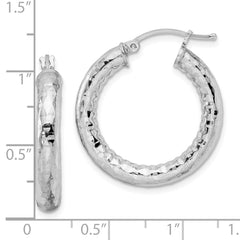 Rhodium-plated Sterling Silver 4.00mm Diamond-cut Hoop Earrings