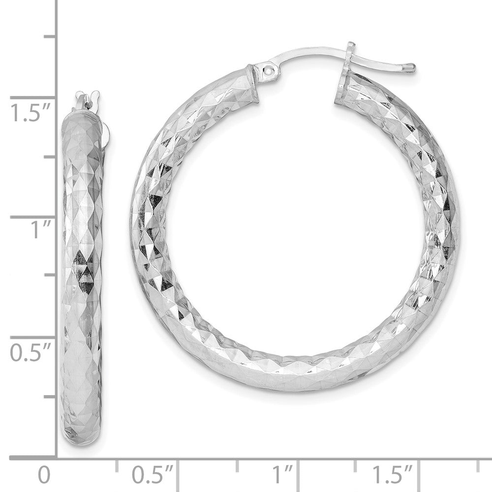 Rhodium-plated Sterling Silver 4.00mm Diamond-cut Hoop Earrings