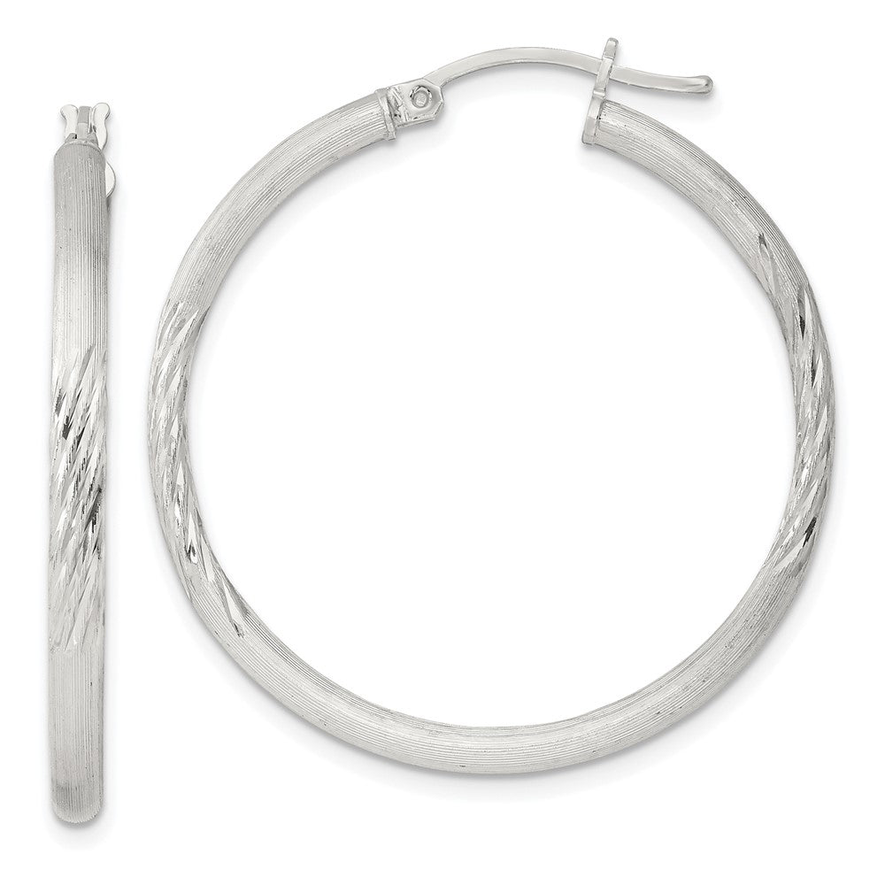 Sterling Silver 2.5mm Polished Satin Diamond-cut Hoop Earrings