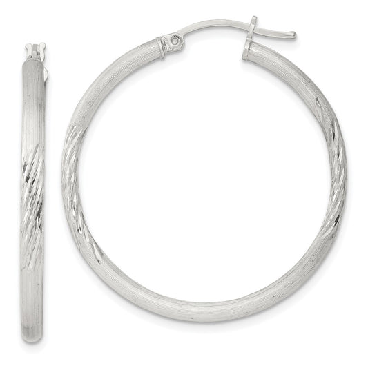 Sterling Silver 2.5mm Polished Satin Diamond-cut Hoop Earrings