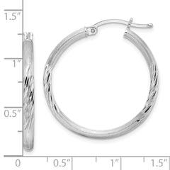 Rhodium-plated Sterling Silver 2.5mm Polished Satin Diamond-cut Hoop Earrings