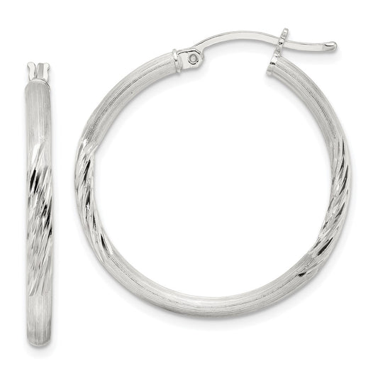 Sterling Silver 2.5mm Polished Satin Diamond-cut Hoop Earrings