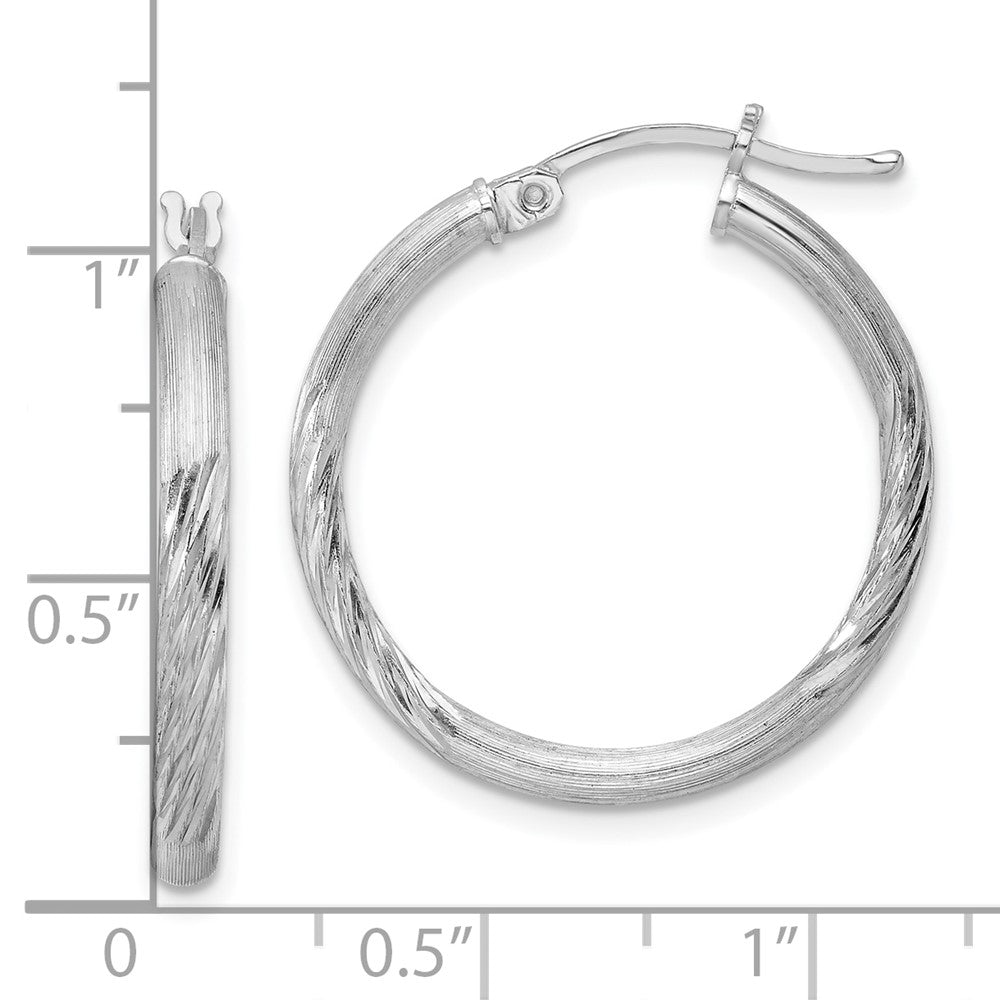 Rhodium-plated Sterling Silver 2.5mm Polished Satin Diamond-cut Hoop Earrings