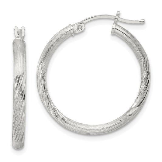 Sterling Silver 2.5mm Polished Satin Diamond-cut Hoop Earrings