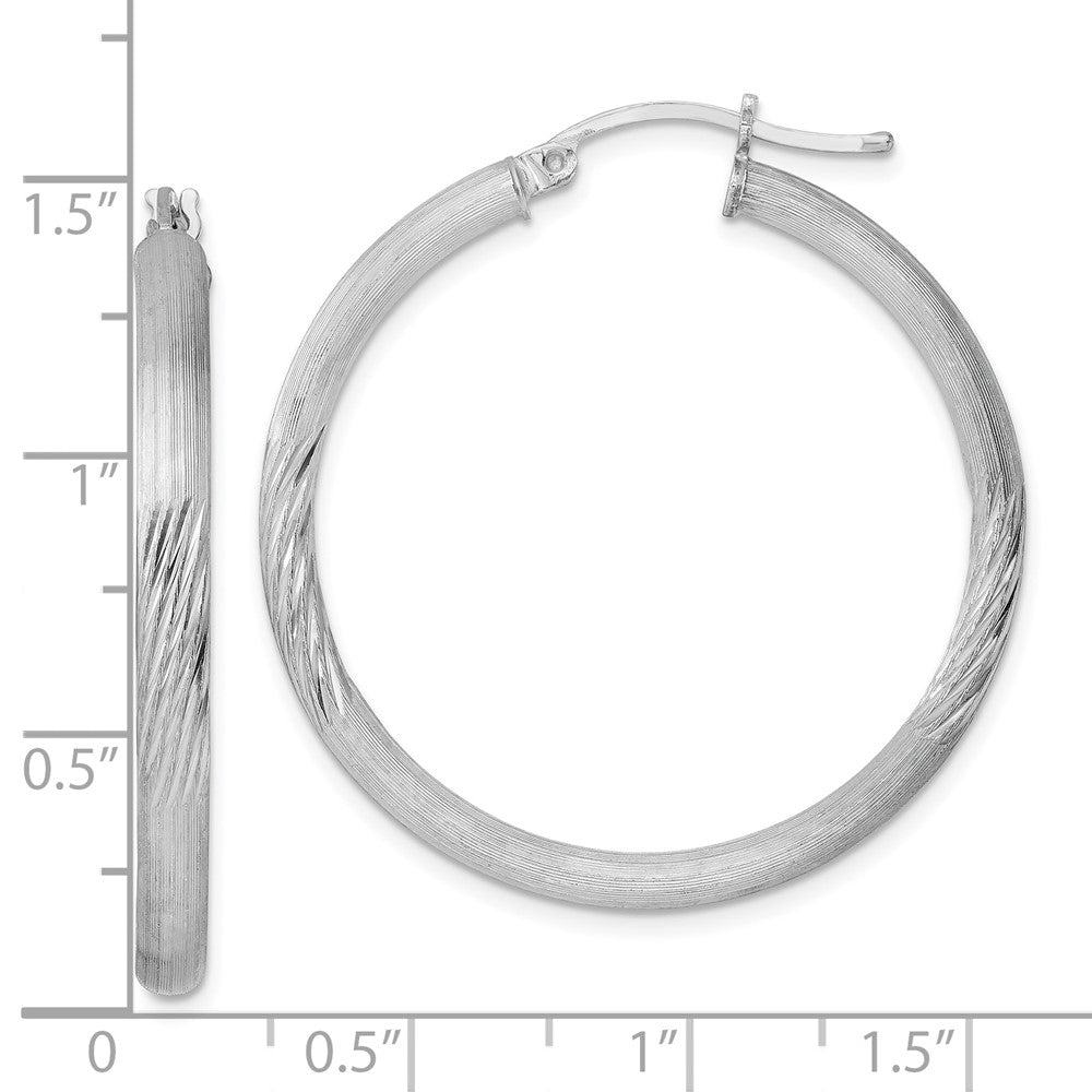 Rhodium-plated Sterling Silver 3mm Polished Satin Diamond-cut Hoop Earrings