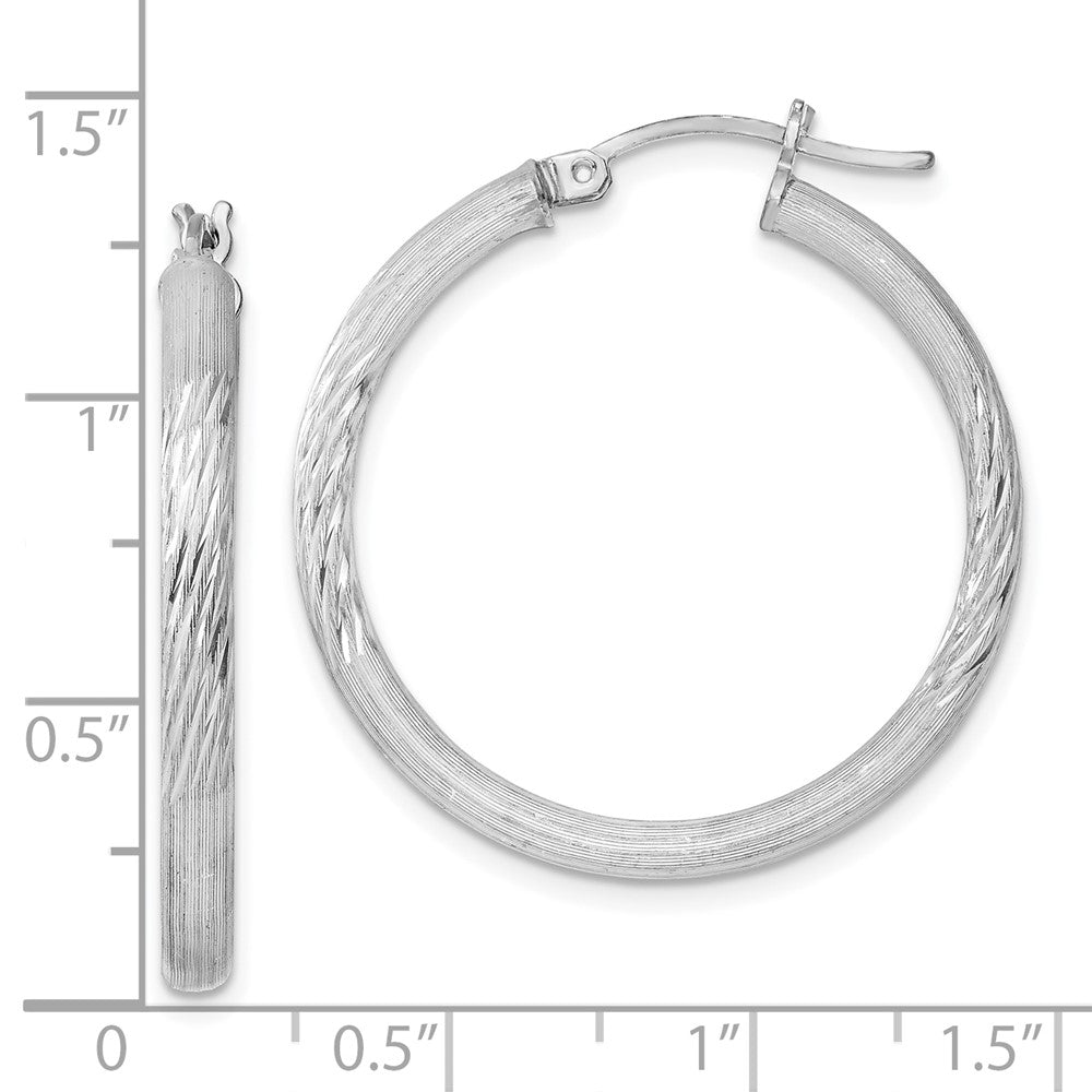 Rhodium-plated Sterling Silver 3mm Polished Satin Diamond-cut Hoop Earrings