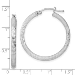 Rhodium-plated Sterling Silver 3mm Polished Satin Diamond-cut Hoop Earrings