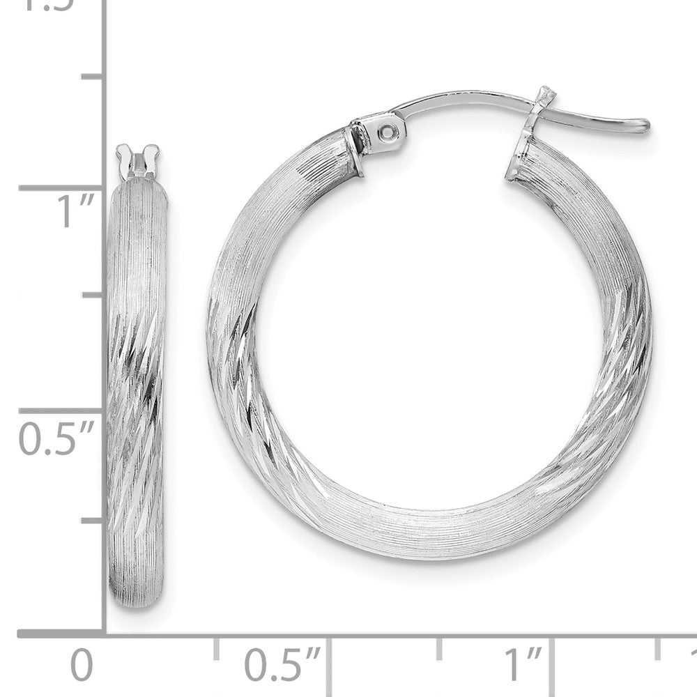 Rhodium-plated Sterling Silver 3mm Polished Satin Diamond-cut Hoop Earrings