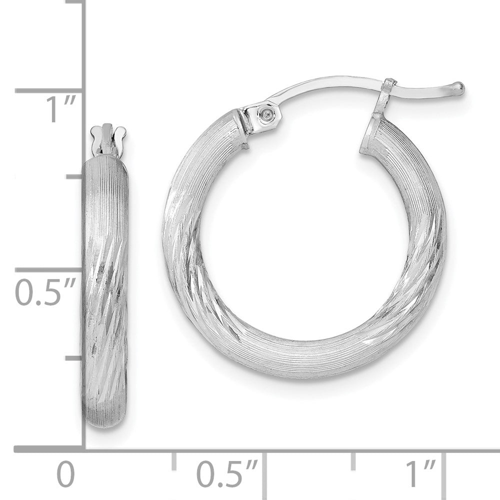 Rhodium-plated Sterling Silver 3mm Polished Satin Diamond-cut Hoop Earrings