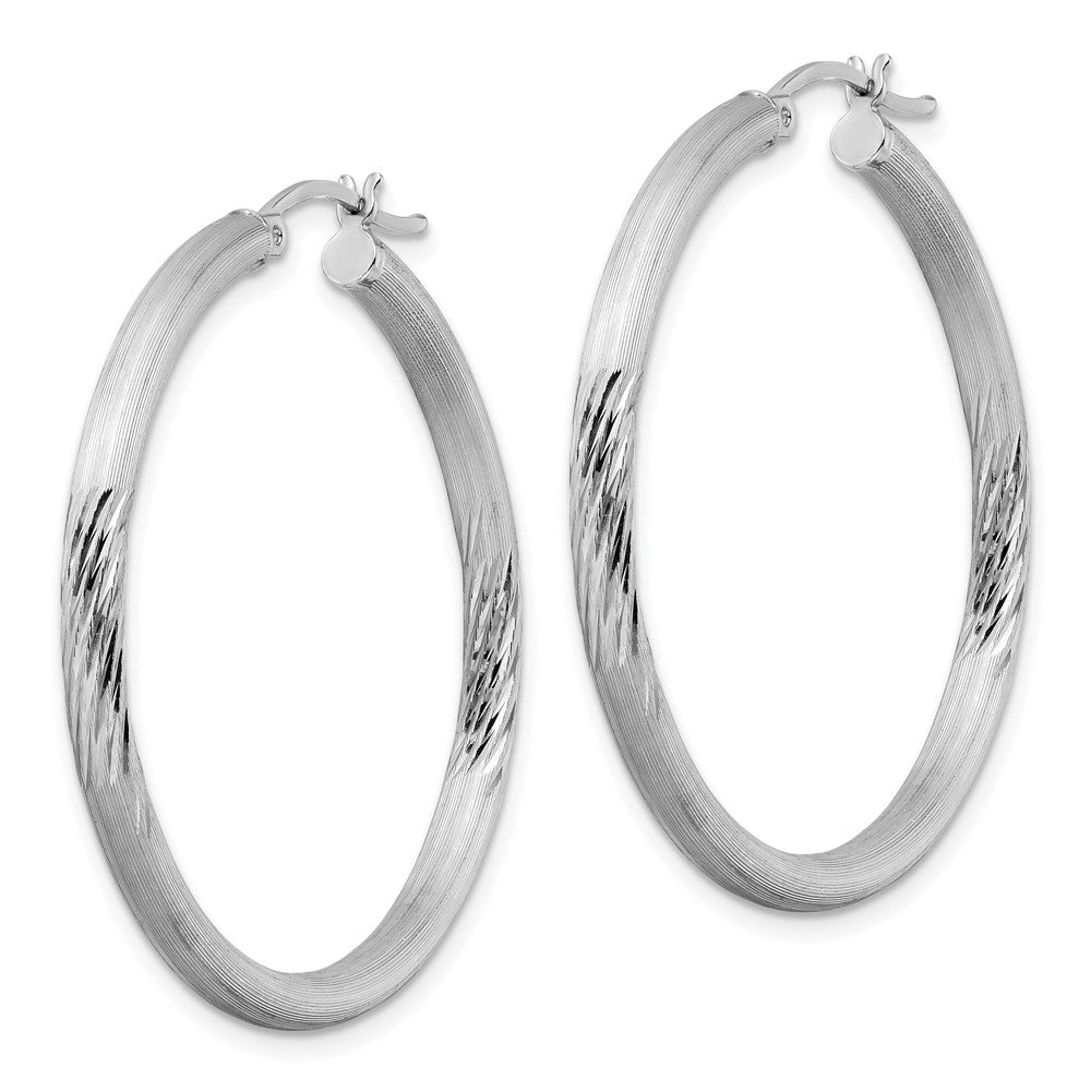 Rhodium-plated Sterling Silver 3mm Polished Satin Diamond-cut Hoop Earrings
