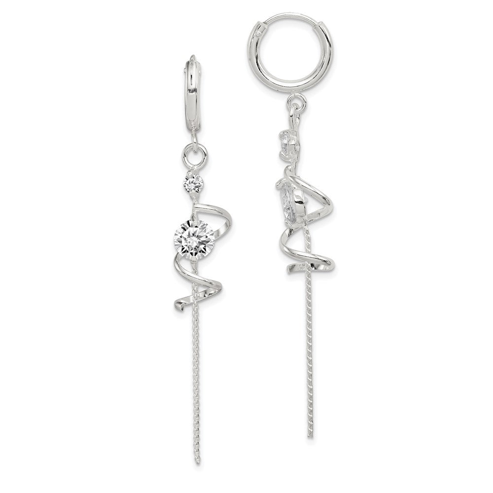 Sterling Silver Spiral CZ Dangle Hinged Hoop Earrings