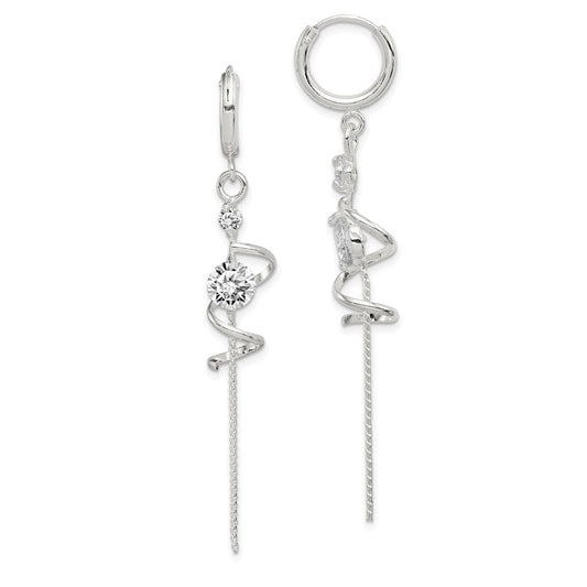 Sterling Silver Spiral CZ Dangle Hinged Hoop Earrings