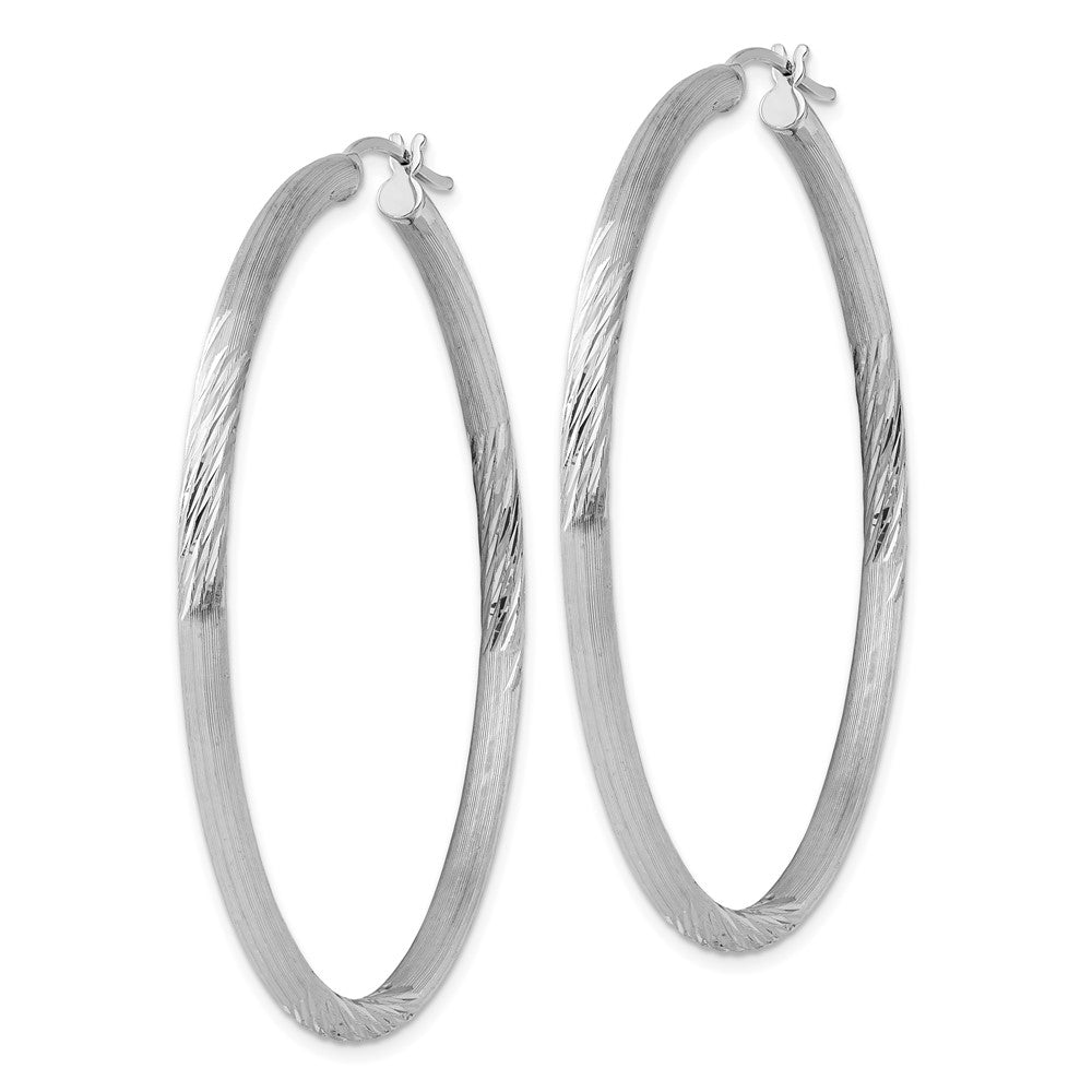 Rhodium-plated Sterling Silver 3mm Polished Satin Diamond-cut Hoop Earrings
