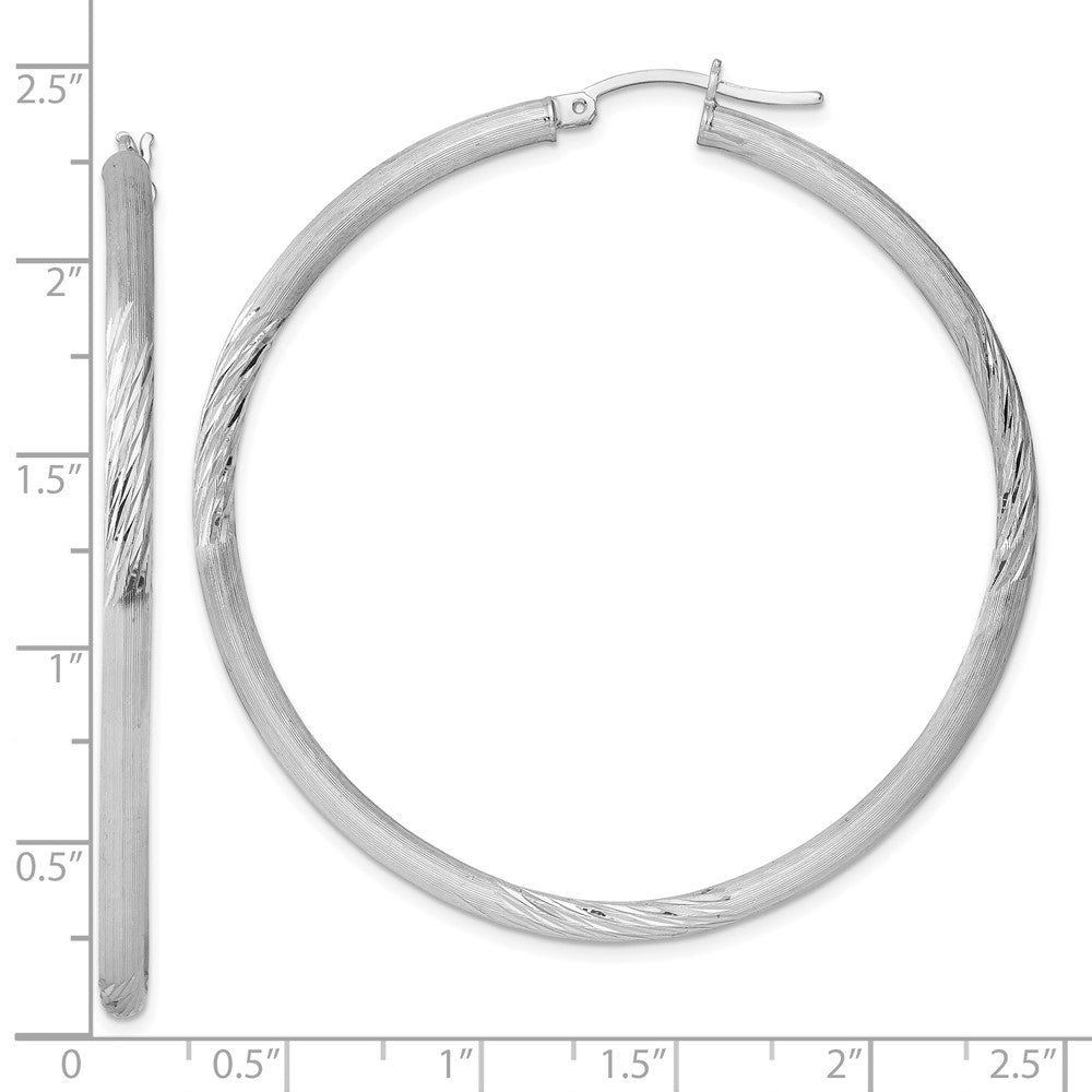 Rhodium-plated Sterling Silver 3mm Polished Satin Diamond-cut Hoop Earrings
