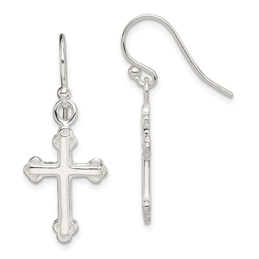 Sterling Silver Polished Budded Cross Dangle Earrings