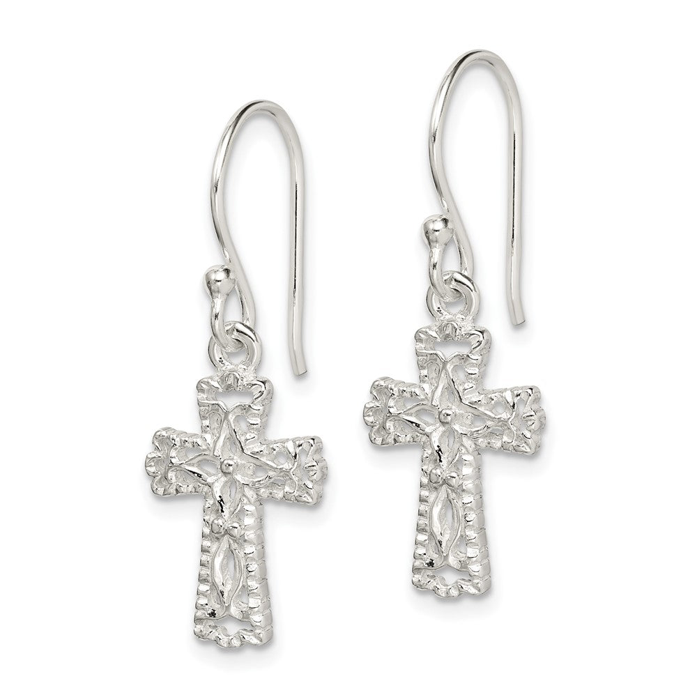 Sterling Silver Polished and Textured Cross Dangle Earrings