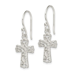 Sterling Silver Polished and Textured Cross Dangle Earrings