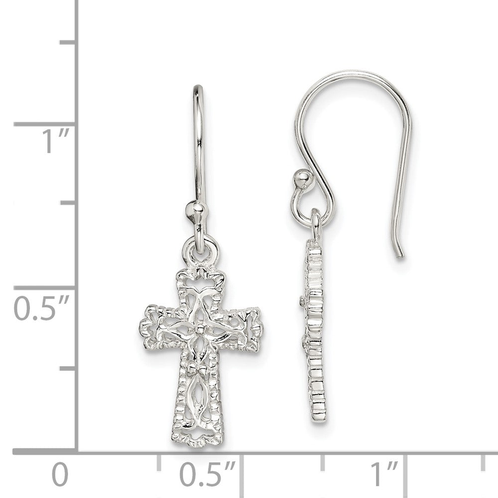 Sterling Silver Polished and Textured Cross Dangle Earrings