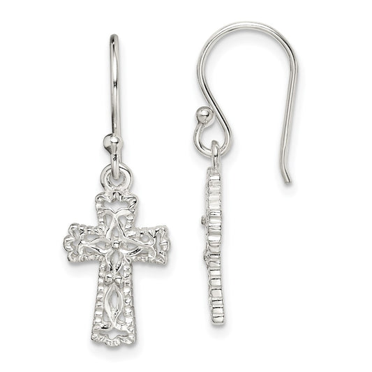 Sterling Silver Polished and Textured Cross Dangle Earrings