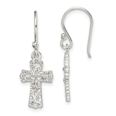 Sterling Silver Polished and Textured Cross Dangle Earrings