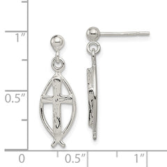 Sterling Silver Polished Antiqued and Textured Ichthus and Cross Post Dangle Earrings