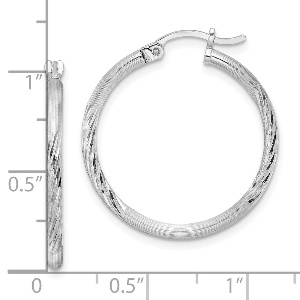 Rhodium-plated Sterling Silver 2mm Polished Satin Diamond-cut Hoop Earrings