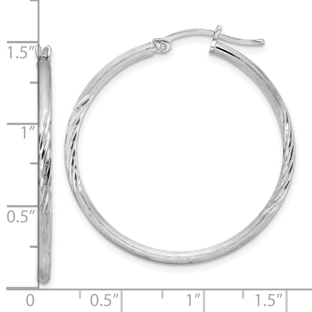 Rhodium-plated Sterling Silver 2mm Polished Satin Diamond-cut Hoop Earrings