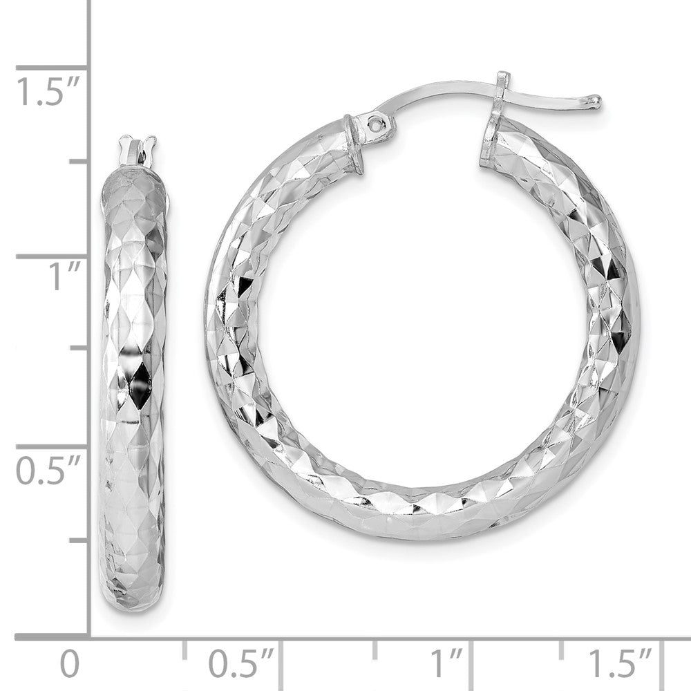 Rhodium-plated Sterling Silver 4.00mm Diamond-cut Hoop Earrings