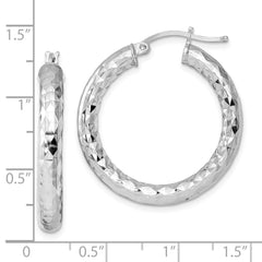 Rhodium-plated Sterling Silver 4.00mm Diamond-cut Hoop Earrings