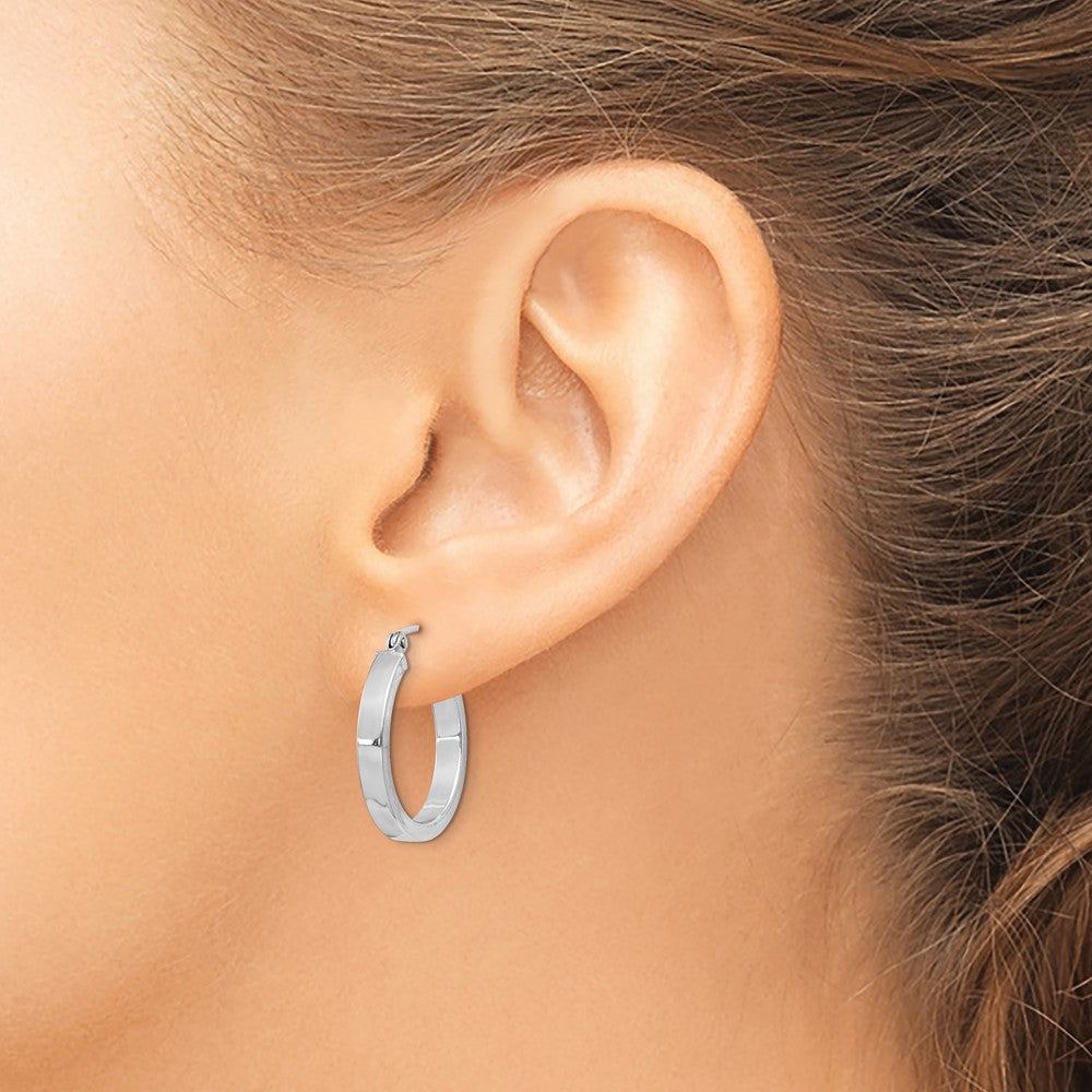 Rhodium-plated Sterling Silver Concave 3x20mm Square Tube Hoop Earrings