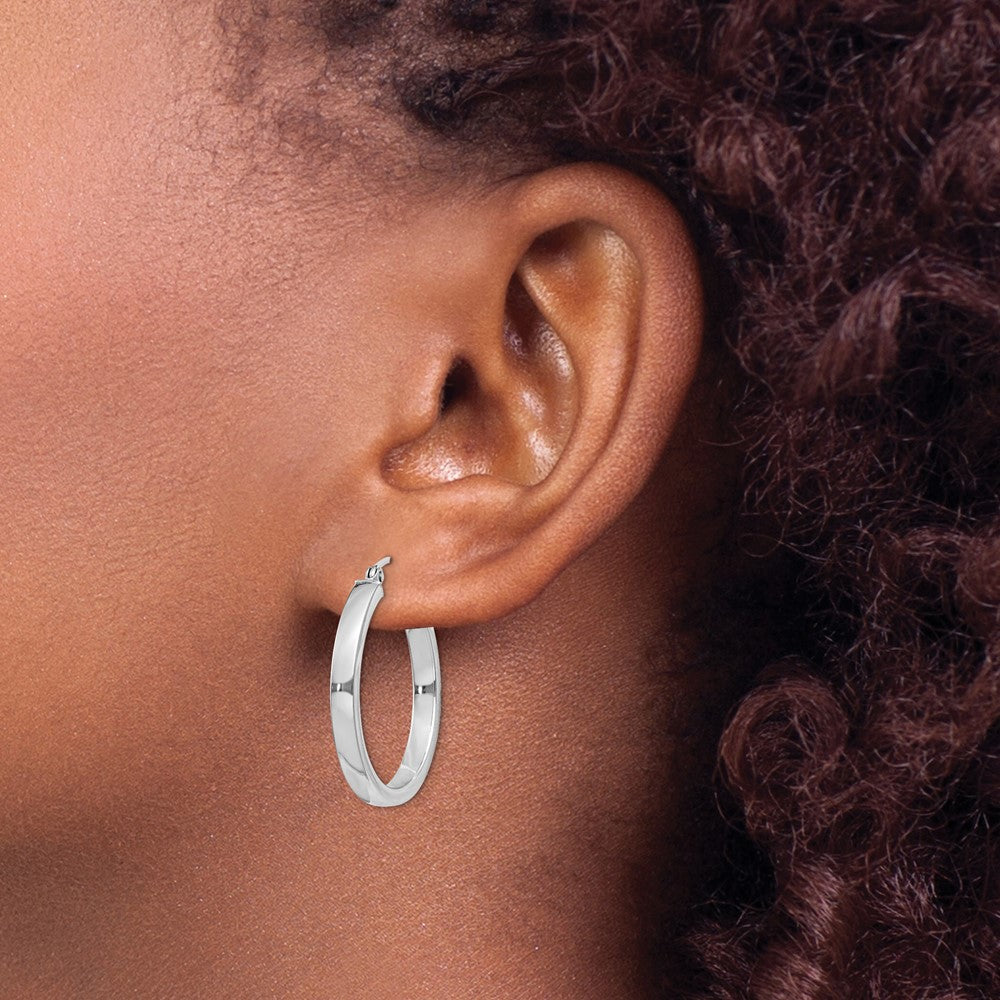 Rhodium-plated Sterling Silver Concave 3x25mm Square Tube Hoop Earrings