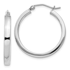 Rhodium-plated Sterling Silver Concave 3x25mm Square Tube Hoop Earrings