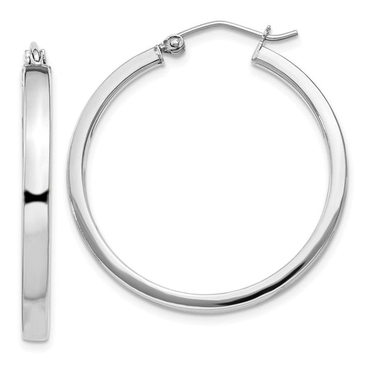 Rhodium-plated Sterling Silver Concave 3x30mm Square Tube Hoop Earrings