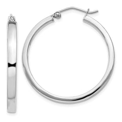 Rhodium-plated Sterling Silver Concave 3x30mm Square Tube Hoop Earrings