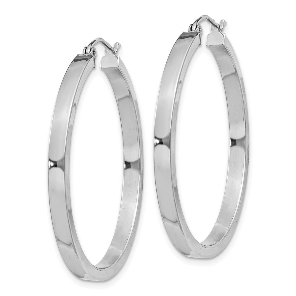 Rhodium-plated Sterling Silver Concave 3x35mm Square Tube Hoop Earrings