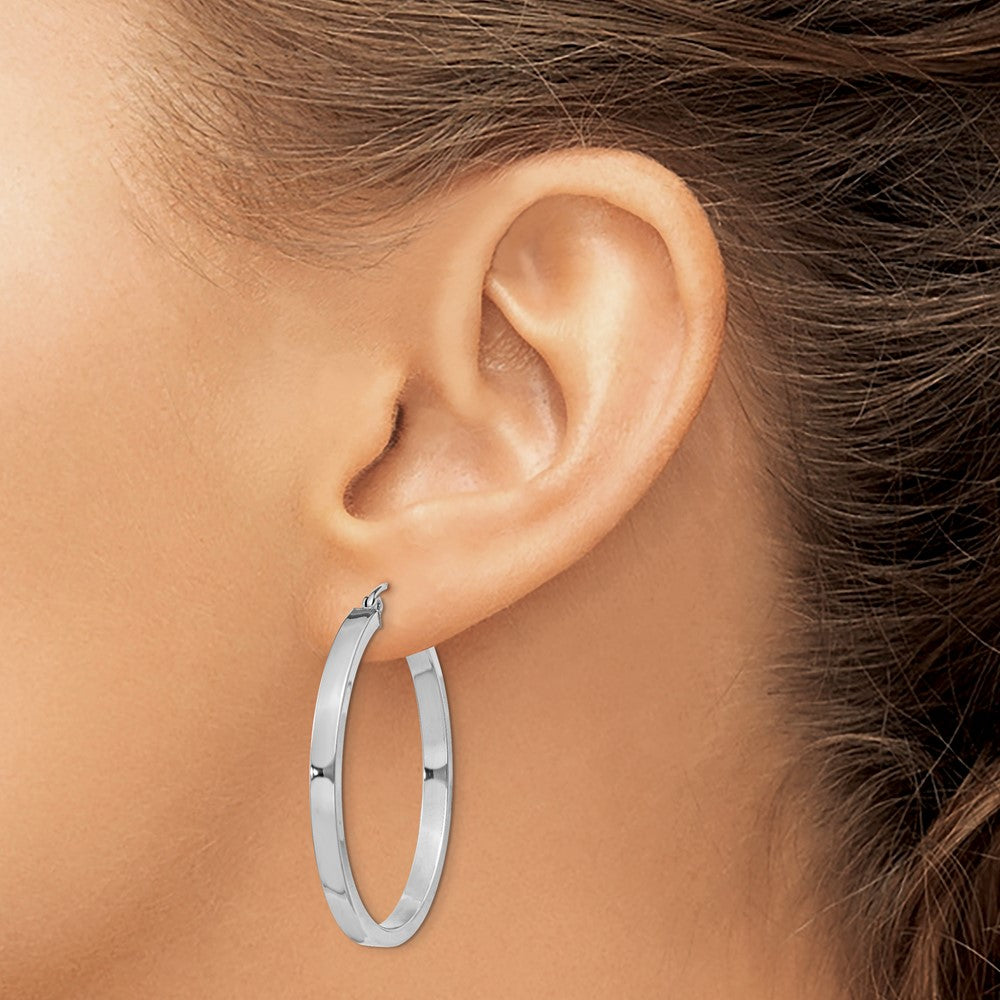 Rhodium-plated Sterling Silver Concave 3x35mm Square Tube Hoop Earrings