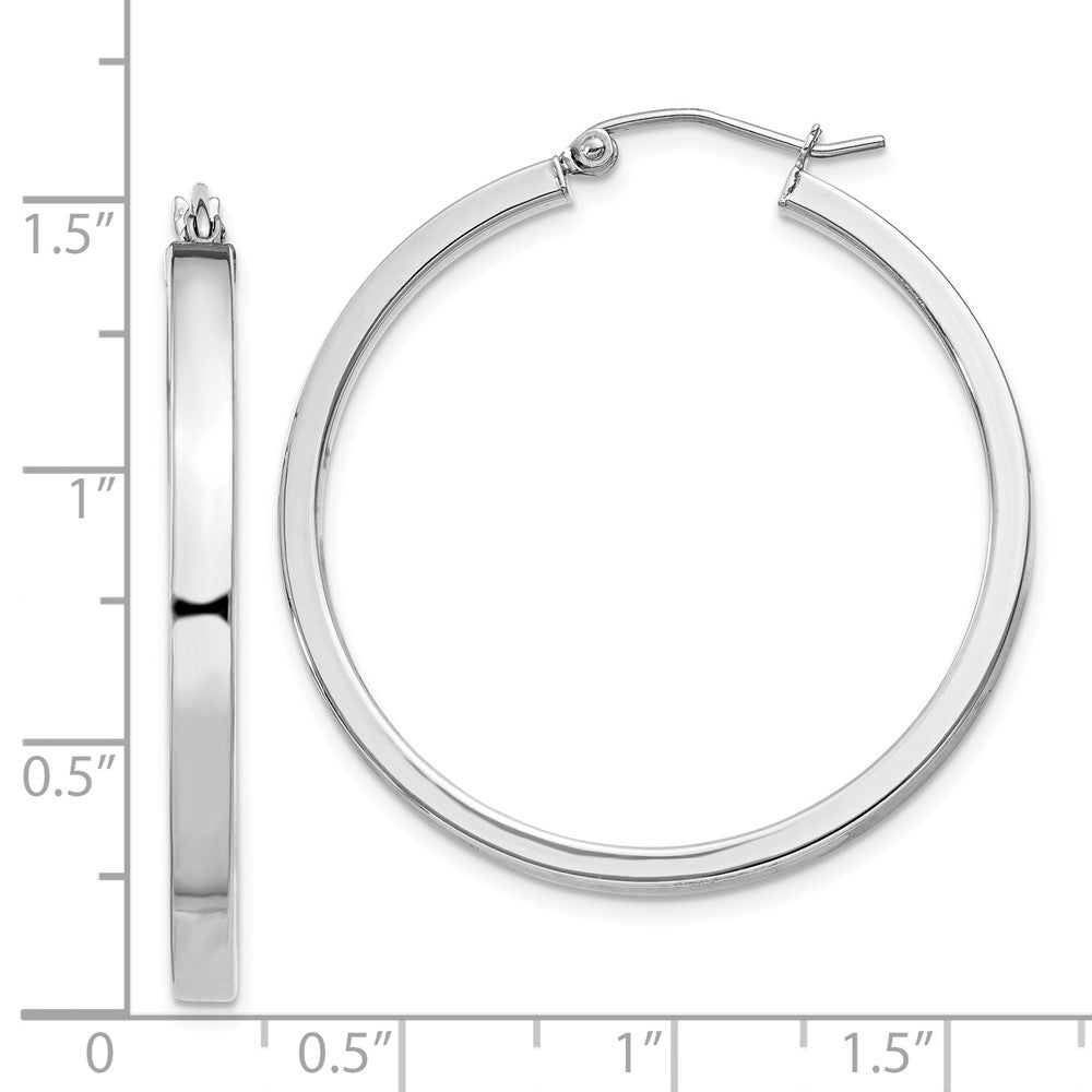 Rhodium-plated Sterling Silver Concave 3x35mm Square Tube Hoop Earrings