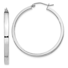 Rhodium-plated Sterling Silver Concave 3x35mm Square Tube Hoop Earrings