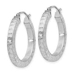 Rhodium-plated Sterling Silver Diamond-cut 3x25mm Square Hoop Earrings