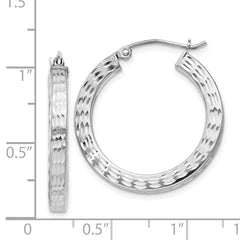 Rhodium-plated Sterling Silver Diamond-cut 3x25mm Square Hoop Earrings