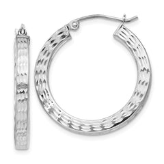 Rhodium-plated Sterling Silver Diamond-cut 3x25mm Square Hoop Earrings