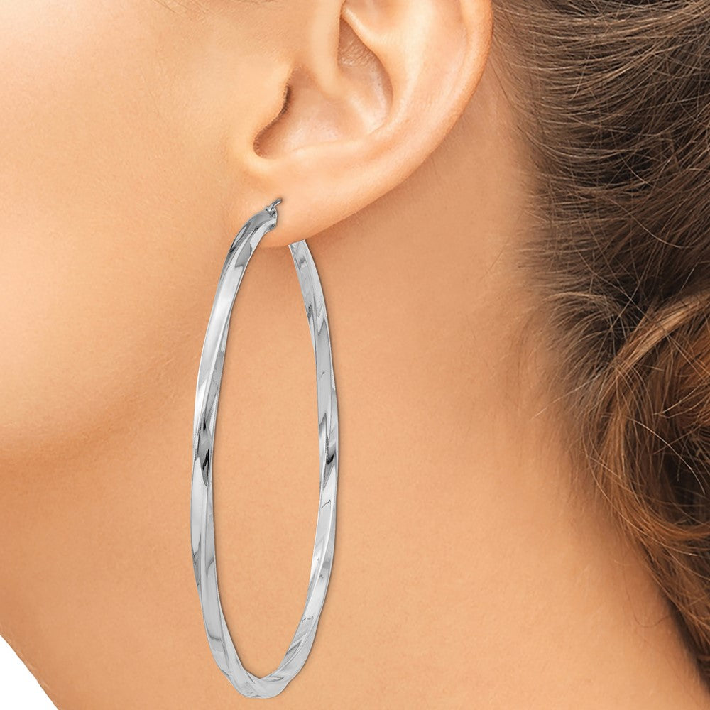 Rhodium-plated Sterling Silver 3x70mmTwisted Hoop Earrings