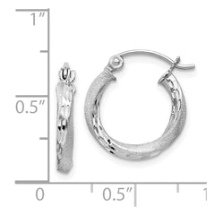 Rhodium-plated Silver Satin Diamond-cut 2.5x15mm Twisted Hoop Earrings