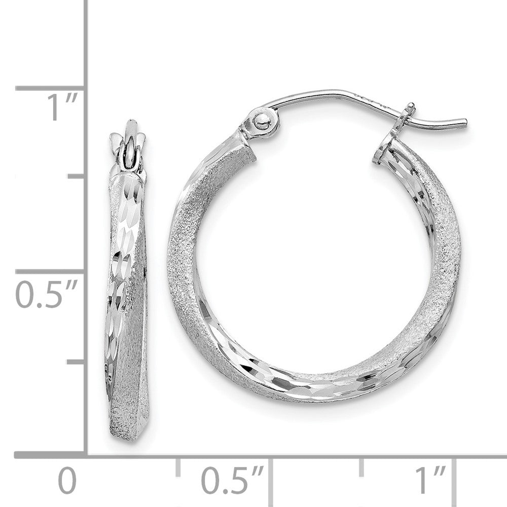 Rhodium-plated Silver Satin Diamond-cut 2.5x20mm Twisted Hoop Earrings