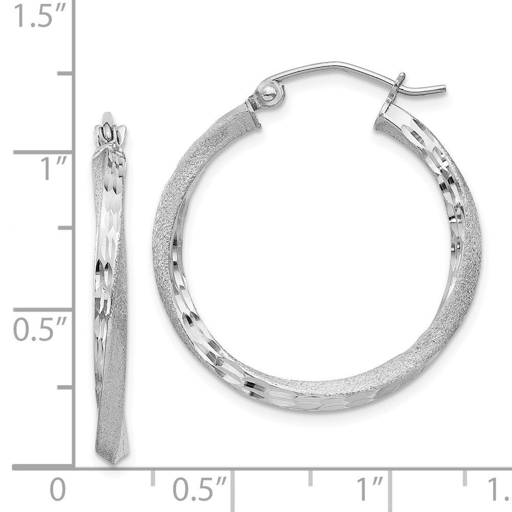 Rhodium-plated Silver Satin Diamond-cut 2.5x25mm Twisted Hoop Earrings