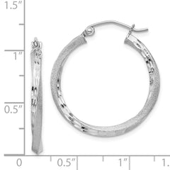 Rhodium-plated Silver Satin Diamond-cut 2.5x25mm Twisted Hoop Earrings