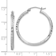 Rhodium-plated Silver Satin Diamond-cut 2.5x30mm Twisted Hoop Earrings